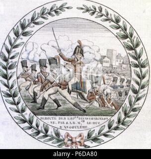 ¿Ejército de los CIEN MIL HIJOS DE SAN LUIS ¿¿, capitaneados Por El Duque de ANGULEMA (1775-1844) que fue enviado por la SANTA Alianza para poner en 1823 fin Al periodo conocido por ¿¿TRIENIO LIBERAL ¿¿(1820-1823) en España. Viñetas con ¿¿DERROTA DE LAS TROPAS DEL EJERCITO CONSTITUCIONAL POR FUERZAS FRANCESAS EIN LAS AFUERAS DE BARCELONA ¿¿. Museo Municipal. Madrid. España. Stockfoto