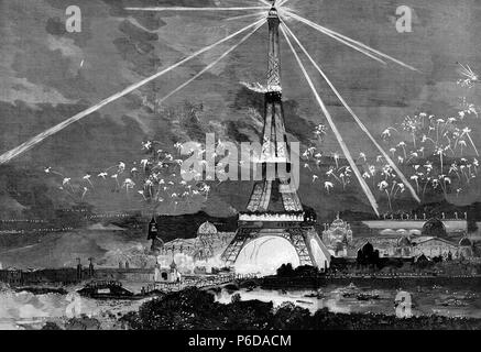 HISTORIA DE FRANCIA. EXPOSICION UNIVERSAL DE PARIS 1889. ILUMINACION DE LA TORRE EIFEEL. GRABADO DE L¿ILUUSTRATION, AÑO 1900. Stockfoto