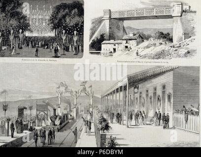 FERROCARRILES. ESPAÑA. Galizien. INAGURACION DEL FERROCARRIL COMPOSTELANO. BENDICION DE LA LOCOMOTORA EN LA ESTACION DE SANTIAGO DE COMPOSTELA, AÑO 1874. GRABADO. ILUSTRACION ESPAÑOLA Y AMERICANA. Stockfoto