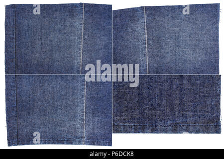 Sammlung von Dark Blue Jeans Stoff Texturen auf weißem Hintergrund. Grobe unebenen Kanten. Rechteckige zusammengesetzte Bild von jeans Texturen Stockfoto
