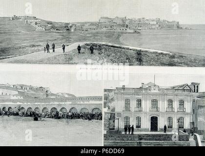 GUERRA DE MELILLA O GUERRA DEL RIF 1890-1909. REGENCIA DE MARIA CRISTINA DE HABSBURGO. REINADO DE Alfonso XIII. "VISTAS DE MELILLA". ILUSTRACION GRABADO DE LA ESPAÑOLA Y AMERICANA, 1890. Stockfoto