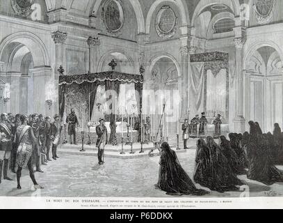 ALFONSO XII. REY DE ESPAÑA. 1857 - 1885. Después de Alfonso XII, EXPOSICION DE SU CUERPO EN EL PALACIO REAL, AÑO 1885. GRABADO. Stockfoto