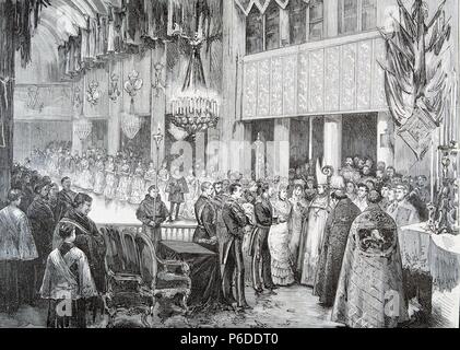 ALFONSO XII. REY DE ESPAÑA. 1857 - 1885. BODA DE Alfonso XII CON MERCEDES DE ORLEANS EN LA BASILICA DE ATOCHA DE MADRID EN EL AÑO 1878. GRABADO L ¿ Abbildung. Stockfoto