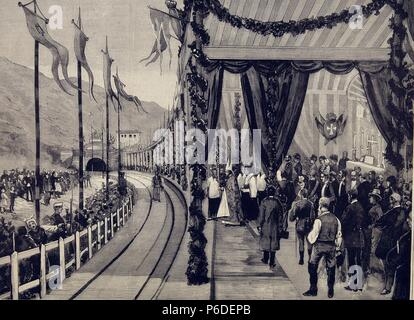 FERROCARRILES. ESPAÑA. INAGURACION DEL FERROCARRIL EIN ASTURIEN. BENDICION DE LA VIA EN BUSDONGO (LEON) CON LA ASISTENCIA DEL REY Alfonso XII, AÑO 1880. GRABADO. ILUSTRACION ESPAÑOLA Y AMERICANA. Stockfoto