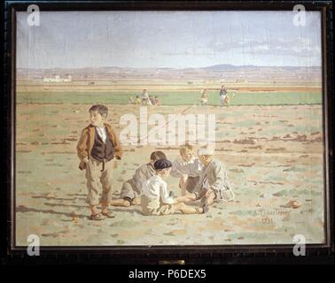 LOPEZ TORRES, Antonio. PINTOR ESPAÑOL. TOMELLOSO 1902 - 1987. "NIÑOS EN LA ERA'. DIPUTACION DE CIUDAD REAL. Stockfoto