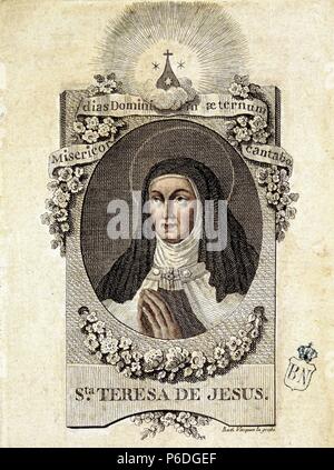 TERESA DE JESUS, SANTA. RELIGIOSA Y ESCRITORA ESPAÑOLA. 1515 - 1582. GRABADO COLOREADO. Stockfoto