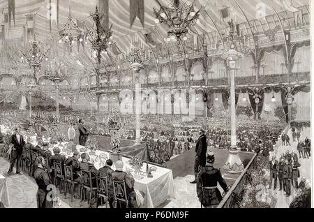 HISTORIA DE FRANCIA. EXPOSICION UNIVERSAL DE PARIS 1889. BANQUETE EN EL PALACIO DE LA INDUSTRIA CON ASISTENCIA DEL PRESIDENTE DE LA REPUBLICA. ILUSTRACION GRABADO DE LA ESPAÑOLA Y AMERICANA. Stockfoto