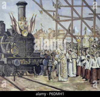 FERROCARRILES. ESPAÑA. INAGURACION DE LA LINEA FERREA DE MADRID EINE CIUDAD REAL. EL Rey Alfonso XII JUNTO AL CARDENAL TOLEDO EN LA FRONTERA DE BENDICION DE LA LOCOMOTORA 'BADAJOZ'. ILUSTRACION ESPAÑOLA Y AMERICANA. Stockfoto