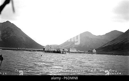 . Englisch: Pacific American Fischerei cannery, King Cove, Ca. 1912. Englisch: Legende auf Bild: Lachs Cannery, P.A. F., Kings Cove, Alaska. PH-Coll 247.17 King Cove liegt auf der Südseite der Alaska Halbinsel, auf einer Sandbank fronting Rehe und Hirsche Insel. Es ist 18 Meilen südöstlich der Kalte Bucht und 625 Meilen südwestlich von Anchorage. King Cove wurde 1911 beim Pacific American Fischerei ein Lachs Konservenfabrik gebaut gegründet. Frühe Siedler waren skandinavische, europäische und Aleut Fischer. Von den ersten zehn Gründerfamilien, fünf bestand aus einem Europäischen Aleut Vater und eine Mutter. Die canne Stockfoto