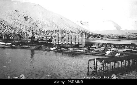 . Englisch: Pacific American Fischerei Konservenfabrik in King Cove, Ca. 1912. Englisch: Legende auf Bild: Kings Cove (P. F.), Alaska PH-Coll 247.362 King Cove liegt auf der Südseite der Alaska Halbinsel, auf einer Sandbank fronting Rehe und Hirsche Insel. Es ist 18 Meilen südöstlich der Kalte Bucht und 625 Meilen südwestlich von Anchorage. King Cove wurde 1911 beim Pacific American Fischerei ein Lachs Konservenfabrik gebaut gegründet. Frühe Siedler waren skandinavische, europäische und Aleut Fischer. Von den ersten zehn Gründerfamilien, fünf bestand aus einem Europäischen Aleut Vater und eine Mutter. Die konservenfabrik Betrieben c Stockfoto