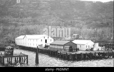 . Englisch: Pacific American Fischerei Konservenfabrik in Zachar Bay, Ca. 1912. Englisch: Zachar Bay erstreckt sich südöstlich 8,5 Meilen weg Uyak Bay an der nordwestlichen Küste von Kodiak Island. Bildunterschrift auf Bild: P.A.F. Zachar Bay. PH-Coll 247.931 Probanden (LCTGM): Pacific American Fischerei, Inc. -- Einrichtungen - Alaska; Piers und Kaianlagen - Alaska; Zachar Bay (Alaska) Themen (LCSH): Lachs Konservenfabriken - Alaska - Zachar Bay; Lachs Konservenindustrie - Alaska - Zachar Bay. ca. 1912 66 Pacific American Fischerei Konservenfabrik in Zachar Bay, ca 1912 (THWAITES 378) Stockfoto