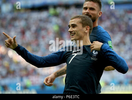 (180630) - KASAN, 30. Juni 2018 (Xinhua) - Antoine Griezmann der feiert Frankreich zählen während der 2018 FIFA World Cup Runde 16 Match zwischen Frankreich und Argentinien in Kasan, Russland, 30. Juni 2018. (Xinhua / Li Ming) Stockfoto