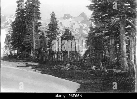 . Englisch: Pinnacle Peak aus dem Lager der Wolken, Paradise Park, Mount Rainier, Ca. 1896. Englisch: Legende im Album: Lager der Wolken 1893. Südhang des Mt. Tacoma. Pinnicle Peak Paradise Park El. 5700 Ft. Jetzt im Mount Rainier National Park, der 1899 gegründet wurde. PH-Coll 35.130 Themen (LCTGM): Berge - Washington (State) Themen (LCSH): Paradise Park (Washington); Mount Rainier National Park (Washington). ca. 1896 67 Pinnacle Peak aus dem Lager der Wolken, Paradise Park, Mount Rainier, ca 1896 (SARVANT 17) Stockfoto