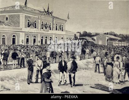 FERROCARRILES. ESPAÑA. INAGURACION DEL FERROCARRIL MELIDE EINE PONTEVEDRA. BENDICION DE LA LOCOMOTORA PONTEVEDRA, AÑO 1884. GRABADO. ILUSTRACION ESPAÑOLA Y AMERICANA. Stockfoto