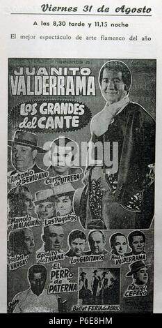 JUANITO VALDERRAMA. CANTANTE ESPAÑOL. TORREDELCAMPO 1916 - 2004. 'LOS GRANDES DEL CANTE". Kartell ANUNCIADOR. Stockfoto