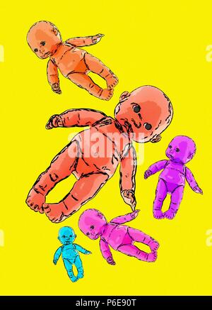 Babys vor einem gelben Hintergrund, konzeptionelle Darstellung. Stockfoto