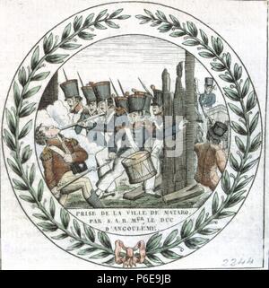 ¿Ejército de los CIEN MIL HIJOS DE SAN LUIS ¿¿, capitaneados Por El Duque de ANGULEMA (1775-1844) que fue enviado por la SANTA Alianza para poner en 1823 fin Al periodo conocido por ¿¿TRIENIO LIBERAL ¿¿(1820-1823) en España. Viñetas con ¿LA TOMA DE MATARO ¿¿. Museo Municipal. Madrid. España. Stockfoto