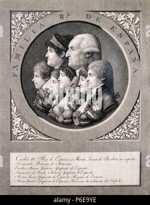 CARLOS IV. REY DE ESPAÑA. 1748-1819. 'LA FAMILIA DE CARLOS IV". GRABADO. MUSEO MUNICIPAL. MADRID. Stockfoto