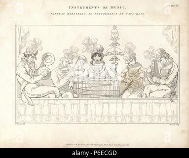 Die Pandean Minnesänger in der Leistung bei Vauxhall Gärten zum 1805. Dieses beliebte Band alle Pan gespielt Rohre und Percussion Instrumente wie Trommel, Triangel, Tamburin und Zimbeln. Kupferstich von John Lee nach einer Zeichnung von Edward Burney von Abraham Rees Cyclopedia oder Universal Wörterbuch der Künste, der Wissenschaften und der Literatur, Longman, Hurst, Rees, Orme und Brown, London, 1820. Stockfoto