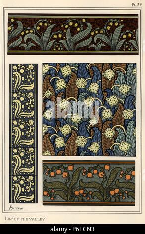 Maiglöckchen in Mustern für Grenzen, Keramikfliesen und Glasmalerei. Durch A. Poidevin mit Pochoir (Schablone) handcoloring aus Eugene Grasset's "Pflanzen und ihre Anwendung zu Ornament", Paris, 1897 Lithographie. Eugene Grasset (1841-1917) war ein Schweizer Künstler, dessen innovative Designs der "Art Nouveau"-Bewegung am Ende des 19. Jahrhunderts inspiriert. Stockfoto