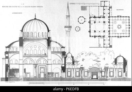 Englisch: Elevation und Plan der Bayezid II.-Moschee in Istanbul. 1912 7 Bayezid II.-Moschee von Gurlitt 1912 Stockfoto