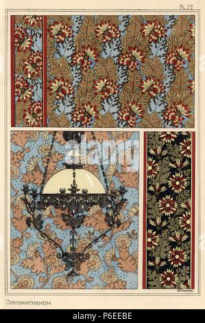 Chrysantheme im Jugendstil Muster für Tapeten, Bordüren und einem schmiedeeisernen Kronleuchtern. Durch A. Poidevin mit Pochoir (Schablone) handcoloring aus Eugene Grasset's "Pflanzen und ihre Anwendung zu Ornament", Paris, 1897 Lithographie. Eugene Grasset (1841-1917) war ein Schweizer Künstler, dessen innovative Designs der "Art Nouveau"-Bewegung am Ende des 19. Jahrhunderts inspiriert. Stockfoto