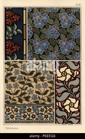 Periwinkle im Jugendstil Muster für Tapete, Glas und Stoffen. Von Marcelle Gaudin mit Pochoir (Schablone) handcoloring aus Eugene Grasset's "Pflanzen und ihre Anwendung zu Ornament", Paris, 1897 Lithographie. Eugene Grasset (1841-1917) war ein Schweizer Künstler, dessen innovative Designs der "Art Nouveau"-Bewegung am Ende des 19. Jahrhunderts inspiriert. Stockfoto