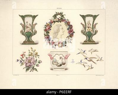 Frühe Sevres ware: Frühling Vase, Portrait von Louis XV auf einer Plakette, Herbst Vase, Blumen von einem Emaille Künstler auf einer Platte bemalt, Sugar Bowl 1753, und Vögel aus einer Plakette. Durch chromolithograph Gillot einer Illustration von Edouard Garnier aus der Weiche Paste Porzellan von Sevres, Maison Quantin, Paris, 1891. Stockfoto