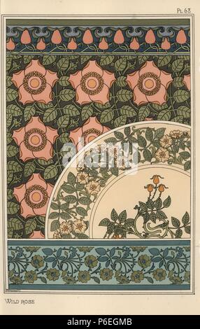 Wild Rose im Jugendstil Muster für Tapeten, Bordüren und Platten. Von M. S. Verneuil mit Pochoir (Schablone) handcoloring aus Eugene Grasset's "Pflanzen und ihre Anwendung zu Ornament", Paris, 1897 Lithographie. Eugene Grasset (1841-1917) war ein Schweizer Künstler, dessen innovative Designs der "Art Nouveau"-Bewegung am Ende des 19. Jahrhunderts inspiriert. Stockfoto