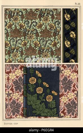 Buttercup im Jugendstil Muster für Hintergrundbilder und ein Buch verbindlich. Durch A. Poidevin mit Pochoir (Schablone) handcoloring aus Eugene Grasset's "Pflanzen und ihre Anwendung zu Ornament", Paris, 1897 Lithographie. Eugene Grasset (1841-1917) war ein Schweizer Künstler, dessen innovative Designs der "Art Nouveau"-Bewegung am Ende des 19. Jahrhunderts inspiriert. Stockfoto