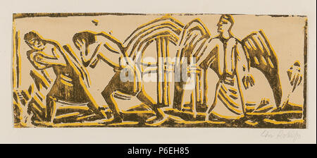 English: "die Austreibung aus dem Paradies (klein)', um 1915/16, Holzschnitt in Farbe mit leichtem bräunlichem Papier, mit dem Unterlagelkarton signiert Chr. Rohlfs, Druckstockmaße 12,6 x 32,1 cm 21,8 x 49,7 cm Unterlagekarton, Vogt 97. Zwischen 1915 und 1916 10 Chrstian Rohlfs Austreibung aus dem Paradies (klein) Stockfoto