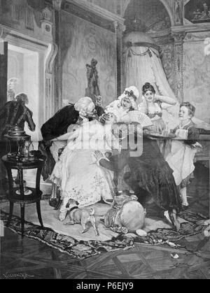 . Gartenlaube sterben. English: Doppelseitige Illustration aus der Illustrierten Gartenlaube von 1895, Seite 24 und 25 sterben. Es handelt sich um eine Nachzeichnung eines Gemäldes von Franz Xaver Simm als Stich oder Schnitt. Das Bild zeigt einen Zahnarzt (Zahnarzt), der eine sitzende Frau hohen Standes mit dem Inhalt des kleinen Fläschchens zu betäuben sucht. Der Ehemann kniet vor thunfischwadenfänger entsetzt auf den Zahnarzt blickenden Frau und hält stand Arm. Die Gruppe ist von insgesamt vier Familienangehörigen und Angestellten umgeben, der Mutter, einer Schwester und einem Jungen (möglicherweise der Gehilfe Stockfoto