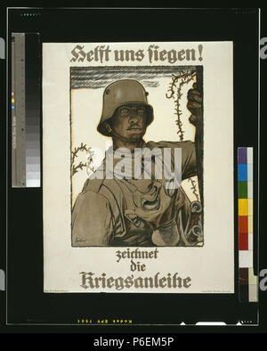 Englisch: Titel: Helft uns siegen! Sterben zeichnet Kriegsanleihe Abstract: Plakat zeigt Deutscher Soldat mit Gasmaske hängen vom Hals, während sein Blick in die Ferne. Text lautet: Helfen Sie uns, Triumph! Abonnieren Sie den Krieg Darlehen. Physische Beschreibung drucken: 1 (Poster): Lithographie, Farbe; 58 x 44 cm. Hinweise: Teil: Rehse-Archiv für Zeitgeschichte und Publizistik.; Erler.; Titel von Los. 1917 53 Helft uns siegen! Sterben zeichnet Kriegsanleihe LCCN 2004665855 Stockfoto