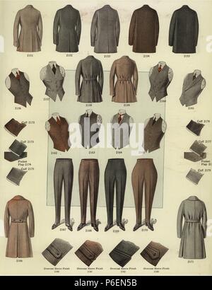 Männer Mode aus den 1920er Jahren, einschließlich Mäntel, Jacken, Westen, Hosen und Gamaschen und Details der Manschetten. Chromolithograph aus einem Katalog von männlichen Winter Mode aus Bruner Wollsachen, 1920. Stockfoto