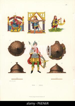 Ein König auf seinem Thron, David mit einer Laute und ein Mann mit einer Lampe von einem 10 thC beleuchtete Psalter auf Pergament in Stuttgart Bibliothek. Ein Krieger mit Speer und Schild in der Mitte (von einem Pergament in Brüssel Bibliothek) und Abdeckungen und Schnallen. Von Hefner-Alteneck Chromolithograph's 'Kostüme, Kunstwerke und Geräte vom Mittelalter bis in das 17. Jahrhundert", Frankfurt, 1879. Illustration von Dr. Jakob Heinrich von Hefner-Alteneck und von Heinrich Keller veröffentlicht. Hefner-Alteneck (1811 - 1903) war eine Deutsche, die die Kuratorin des Museums, Archäologe, Kunsthistoriker, Zeichner und Kupferstecher. Stockfoto