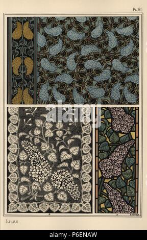 Flieder in Jugendstil Muster für Tapeten, Spitzen- und Glasmalerei. Durch E.Hervegh mit Pochoir (Schablone) handcoloring aus Eugene Grasset's "Pflanzen und ihre Anwendung zu Ornament", Paris, 1897 Lithographie. Eugene Grasset (1841-1917) war ein Schweizer Künstler, dessen innovative Designs der "Art Nouveau"-Bewegung am Ende des 19. Jahrhunderts inspiriert. Stockfoto