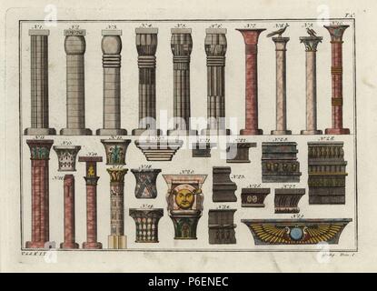 Ägyptische Spalten (1-12, 16) von Luxor (2, 5) und Karnak (3, 6), und Kapitelle, Gesimse (13-20) (21-28) und Tür ornament (29). Papierkörbe Kupferstich von Robert von Spalart's 'historisches Bild der Kostüme der wichtigsten Menschen der Antike und des Mittelalters" Metz, 1810. Stockfoto