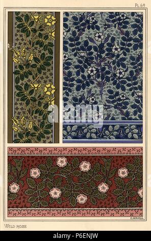 Wild Rose im Jugendstil Muster für Tapeten, Bordüren und Stoffe. Durch E.Hervegh mit Pochoir (Schablone) handcoloring aus Eugene Grasset's "Pflanzen und ihre Anwendung zu Ornament", Paris, 1897 Lithographie. Eugene Grasset (1841-1917) war ein Schweizer Künstler, dessen innovative Designs der "Art Nouveau"-Bewegung am Ende des 19. Jahrhunderts inspiriert. Stockfoto