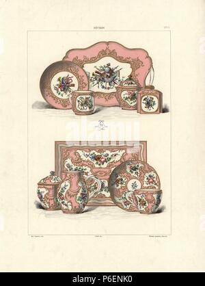 Solitaire Kaffee Service 1760 und Solitaire Coffee Service von Topf, Sugar Bowl, Tasse, Untertasse und Teller. Durch chromolithograph Gillot einer Illustration von Edouard Garnier aus der Weiche Paste Porzellan von Sevres, Maison Quantin, Paris, 1891. Stockfoto