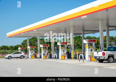 Florida, Fort Ft. Pierce, Florida Turnpike mautpflichtige Straße, Raststelle, Tankstelle mit Benzin, Shell, Baldachin, Pumpen, FL171028008 Stockfoto