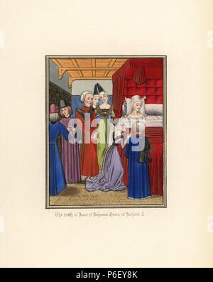 Der Tod der Königin Anne von Böhmen, mit Richard II., Tochter von Kaiser Karl IV., Alter 28, 1394. Sie liegt auf einem Himmelbett von Ladies in Waiting, Höflinge und Klerus umgeben. Papierkörbe Lithografie nach einem beleuchteten Manuskript von Sir John's Froissart 'Chroniken von England, Frankreich, Spanien und den angrenzenden Ländern, von der zweiten Hälfte der Regierungszeit von Edward II. an der Krönung von Heinrich IV., 'George Routledge, London, 1868. Stockfoto