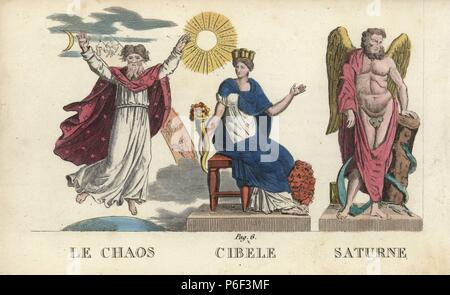 Chaos, Cybele oder Rhea, und Saturn, römische Götter der Schöpfung, der großen Mutter und Zeit. Papierkörbe Kupferstich gestochen von Jacques Louis Konstante Lacerf nach Illustrationen von Leonard Defraine aus 'La Mythologie en Estampes' (Mythologie in druckt oder die Zahlen der sagenumwobenen Götter), Chez S. Blanchard, Paris, c 1820. Stockfoto