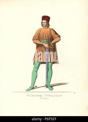 Alexandre Vitelleschi, Imperial Knight und Pfalzgraf, aus dem 11. Jahrhundert. Anachronistisch Kostüm von Cape und Tunika in Siena gebrannt, rot Toque, Leitung - farbige Strümpfe, gold Sporen. Aus dem 14. Jahrhundert sepulchral Denkmal in Corneto. Papierkörbe Abbildung gezeichnet und Lithographiert von Paul Mercuri mit Text von Camille Bonnard von 'Historische Kostüme aus dem 12. bis 15. Jahrhundert, "Abschöpfung Fils, Paris, 1860. Stockfoto