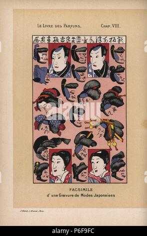 Faksimile eines Japanischen fashion Schild mit Frisuren für Männer (chonmage) und Frauen, Edo Periode. Aus dem Hair-Dressers' Journal, Nagasaki. Chromolithograph von Jules Cheret von Eugene Rimmel Le Livre des Parfums, Paris, 1870. Stockfoto