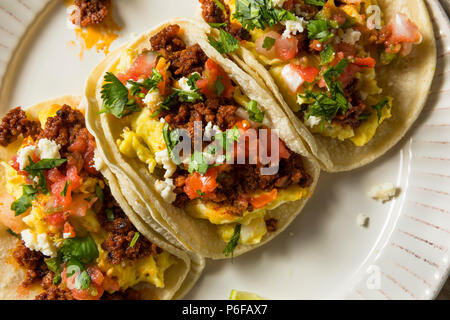 Hausgemachte Chorizo Frühstück Tacos mit PIco und Koriander Stockfoto