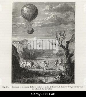 Jean-Pierre Blanchard und der Amerikanischen Dr. John Jeffries auf Ihre Ballonfahrt über den Ärmelkanal von Dover nach Calais, Januar 1785. Holzschnitt Kupferstich von Mes nach E. Deschamps von Louis Figuier's 'Les merveilles de la Science: Aerostats" (Wunder der Wissenschaft: Luftballons), Furne, Jouvet et Cie, Paris, 1868. Stockfoto