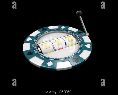 Slot Maschine mit Lucky sevens Jackpot im Casino Chip. 3D-Illustration isoliert Schwarz. Stockfoto