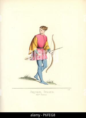 Italienische Archer oder longbowman, 14. Er trägt einen rosa Tunika, Wams mit gelben Ärmel, blaue Strümpfe und cracows (lange spitze Schuhe a la poulaine). Von einer Miniatur im Titius Livius Manuskript in der Biblioteca Ambrosiana in Mailand. Papierkörbe Abbildung gezeichnet und Lithographiert von Paul Mercuri mit Text von Camille Bonnard von 'Historische Kostüme aus dem 12. bis 15. Jahrhundert, "Abschöpfung Fils, Paris, 1860. Stockfoto