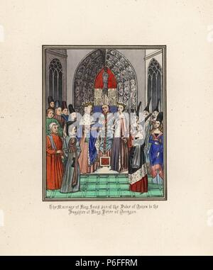 Die Ehe von König Ludwig II. von Neapel, Sohn des Herzog von Anjou, zu Yolande, Tochter von König Peter von Aragon, 1400. Papierkörbe Lithografie nach einem beleuchteten Manuskript von Sir John's Froissart 'Chroniken von England, Frankreich, Spanien und den angrenzenden Ländern, von der zweiten Hälfte der Regierungszeit von Edward II. an der Krönung von Heinrich IV., 'George Routledge, London, 1868. Stockfoto