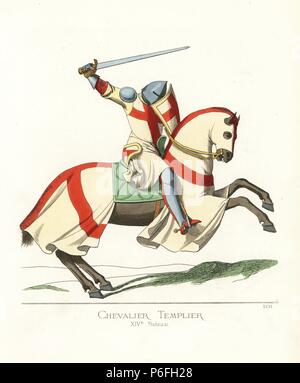 Ein Templer auf dem Pferd, aus dem 14. Jahrhundert. Er trägt eine Rüstung aus Stahl, Handschuhe und Sporen, mit Schirm, Tabard, Sattel und caparison sind alle mit einem roten Kreuz auf weißem Feld eingerichtet. Von einer Miniatur in einem Manuskript in der Bibliothek, Barberini Rom. Papierkörbe Abbildung gezeichnet und Lithographiert von Paul Mercuri mit Text von Camille Bonnard von 'Historische Kostüme aus dem 12. bis 15. Jahrhundert, "Abschöpfung Fils, Paris, 1861. Stockfoto